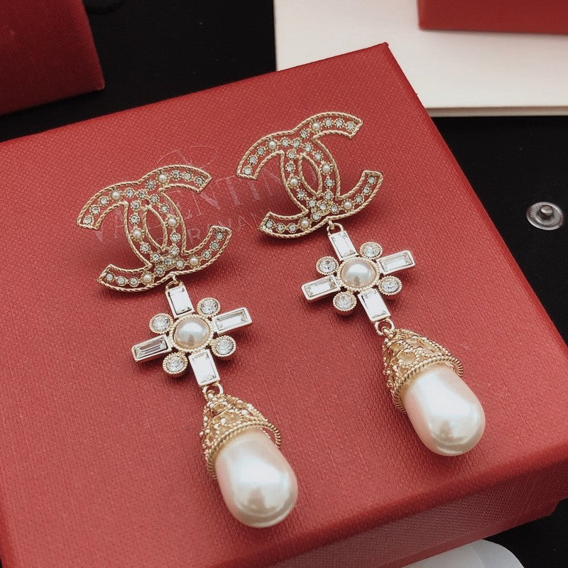18K Chanel Diamond Cross Pearl Drop Earrings