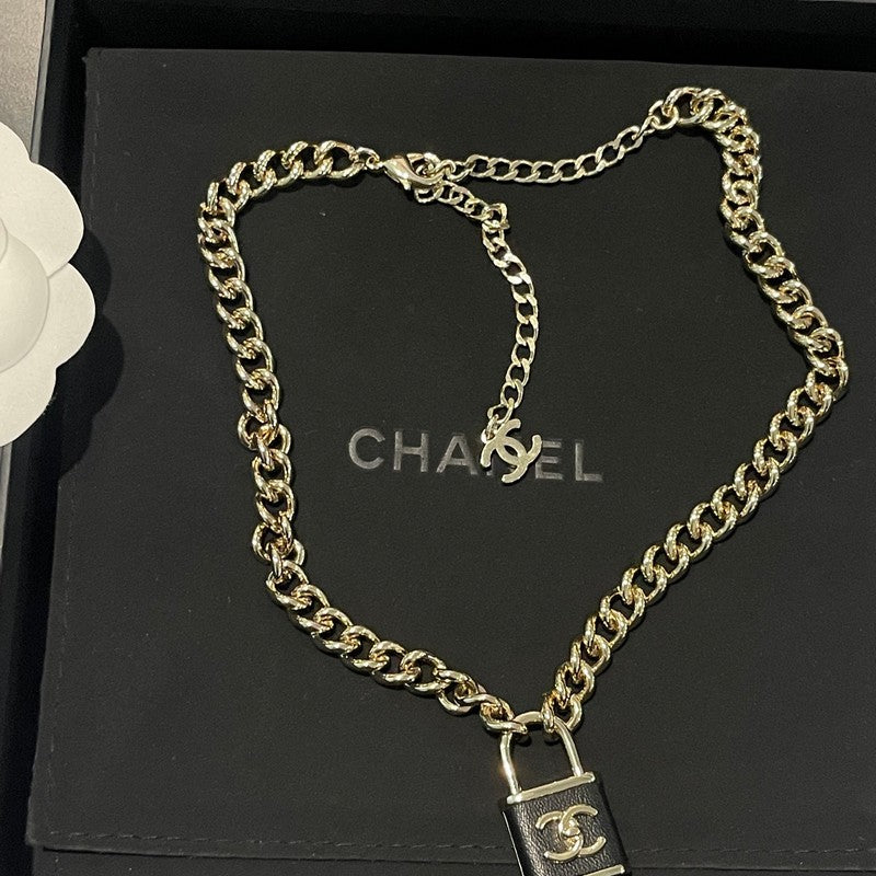 18K Chanel Black Leather Gold Lock Necklace