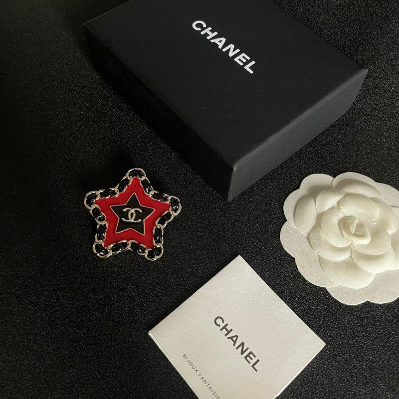 18K Chanel Black & Red Star Leather Brooch