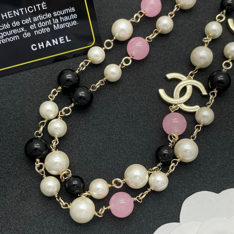 18K Chanel Black & Pink Bead Long Necklace