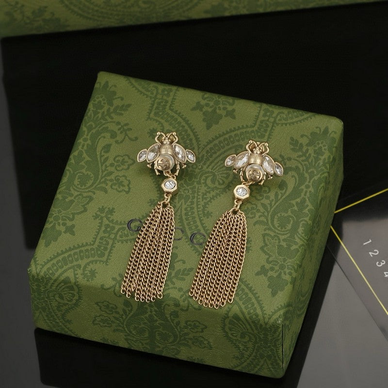 18K Gucci Bee Tassel Crystal Earrings