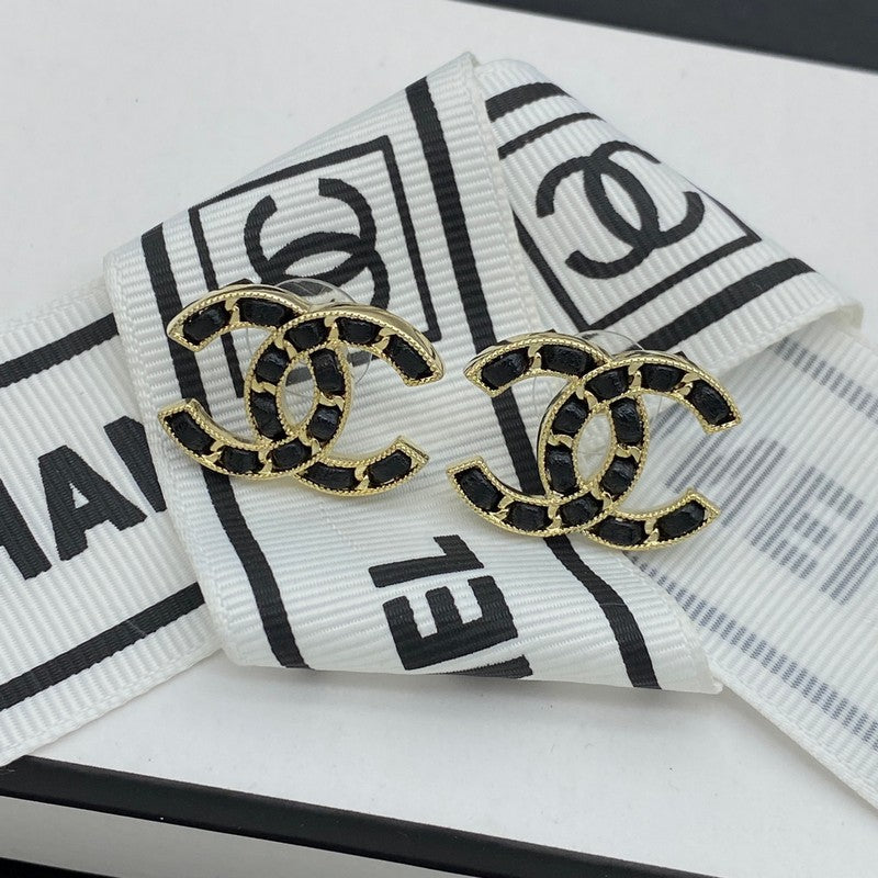 18K Chanel Black Leather Gold Earrings
