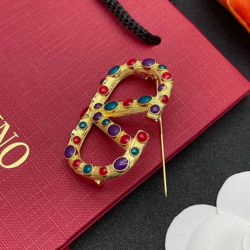18K Valentino Vlogo Color Crystal Brooch