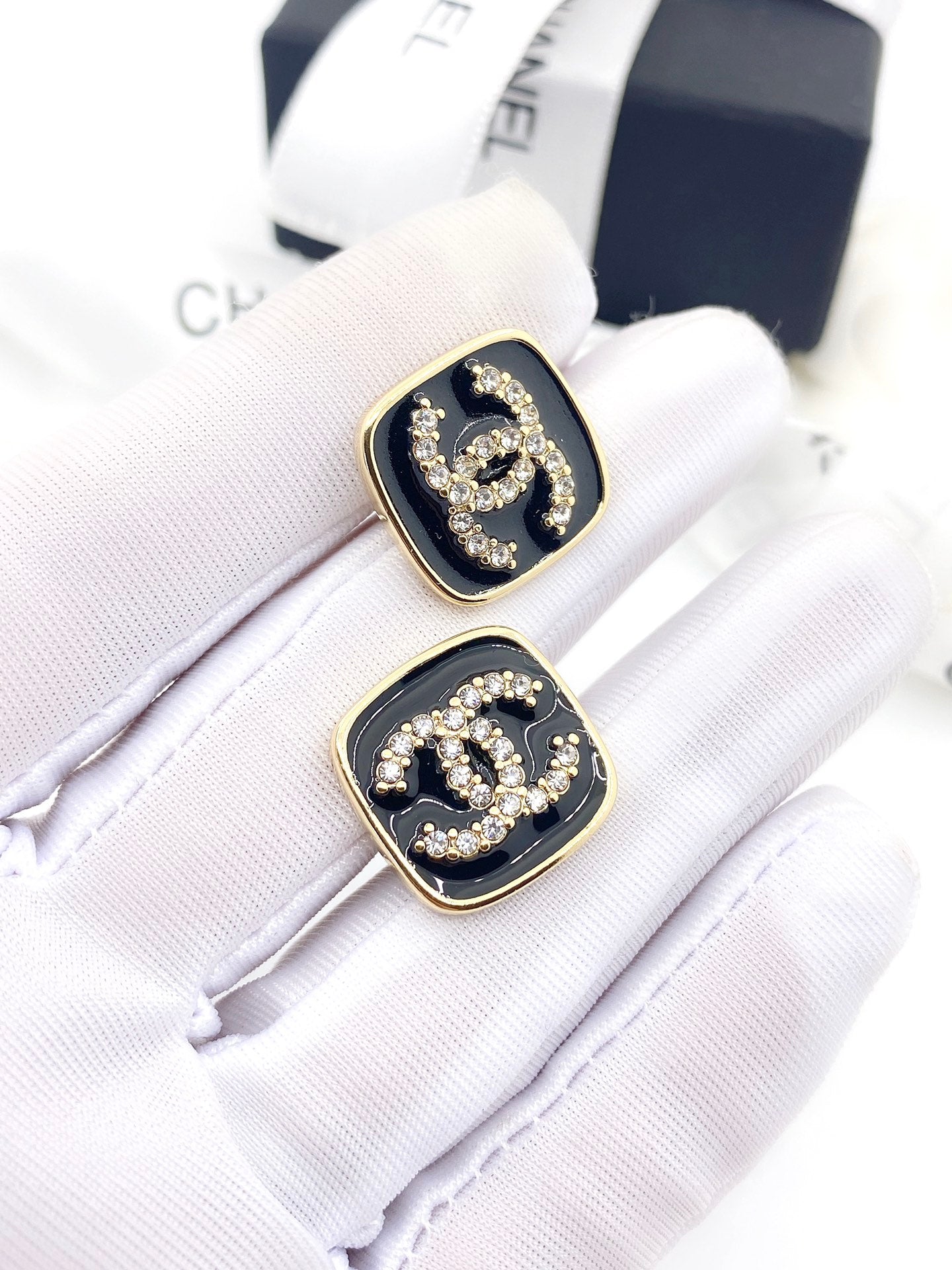 18K Chanel Square Resin Diamond Earrings