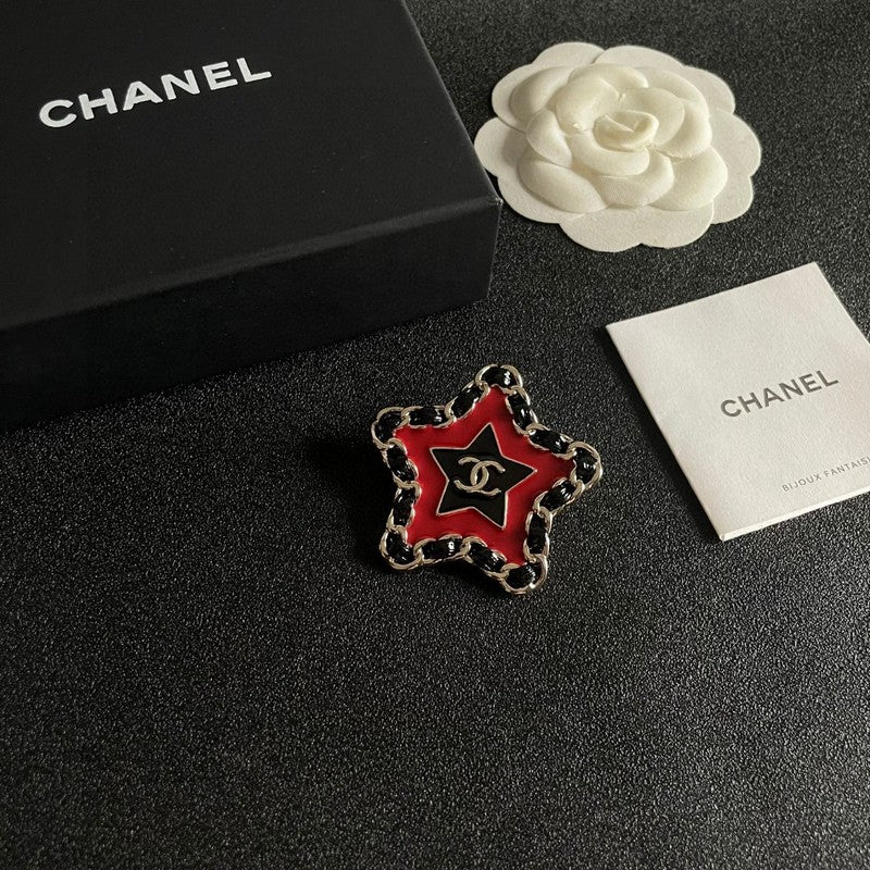 18K Chanel Black & Red Star Leather Brooch