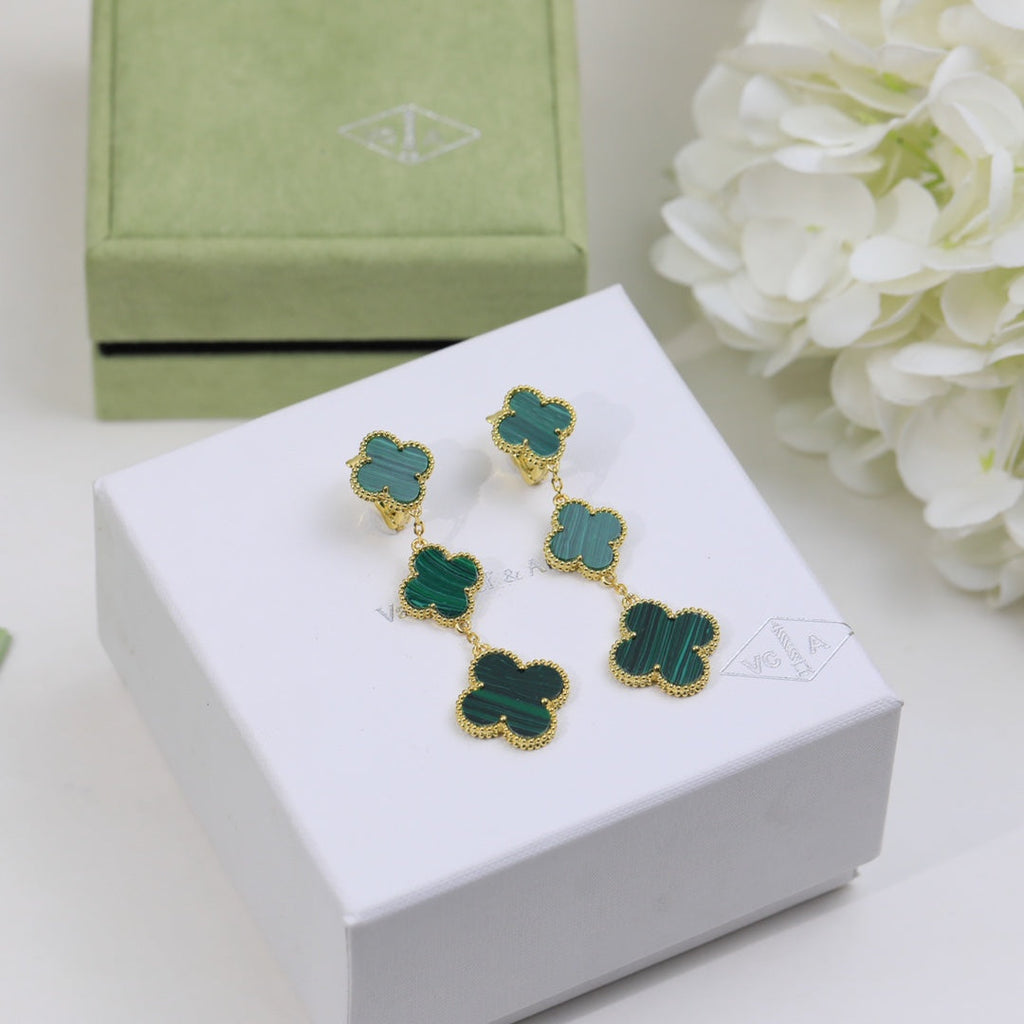 18K Van Cleef & Arpels Magic Alhambra Three Malachite Motifs Clover Earrings