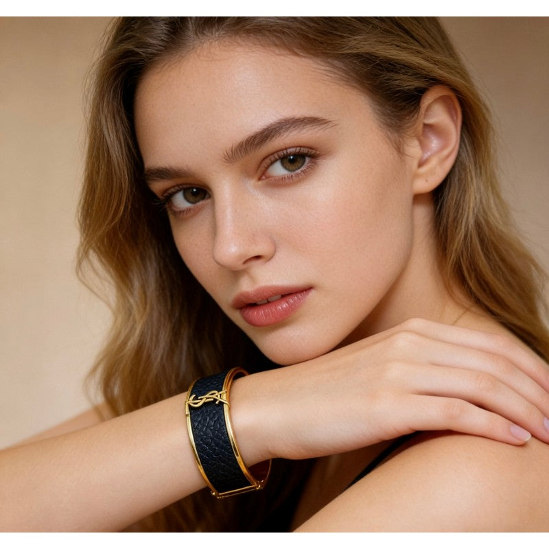 18K YSL Black Leather Gold Bracelet