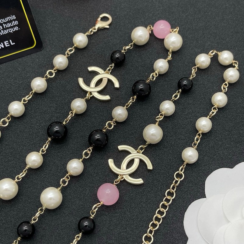 18K Chanel Black & Pink Bead Long Necklace