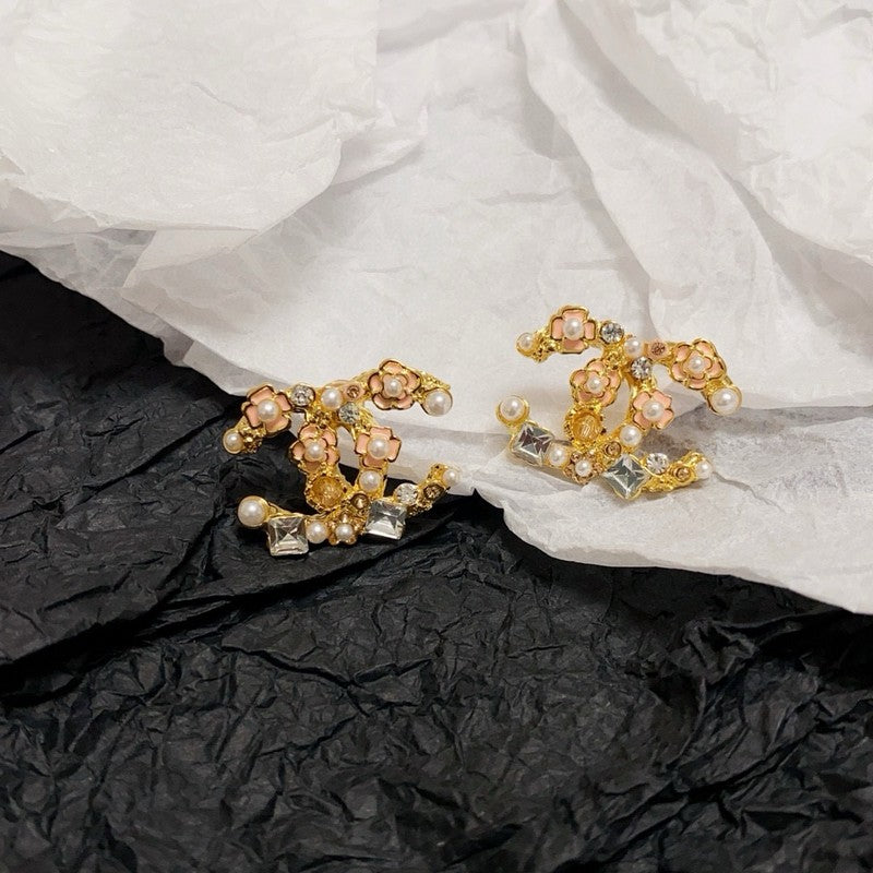 18K Chanel Pink Camellia Pearl & Gold Earrings