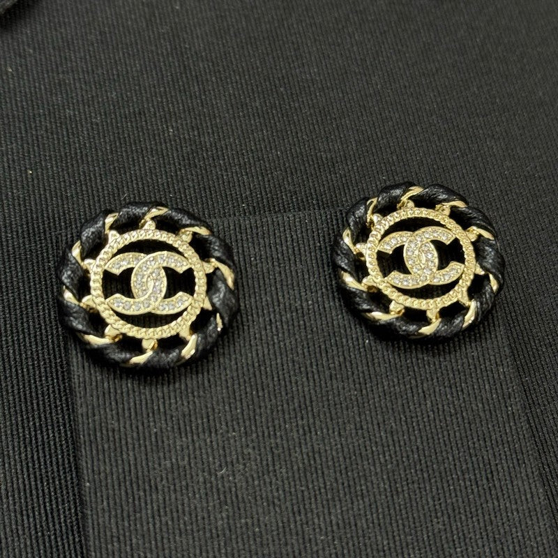 18K Chanel Black Leather Round Earrings