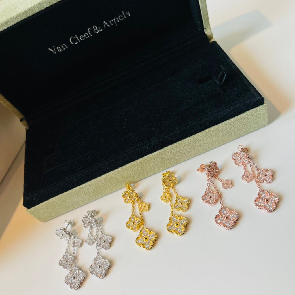 18K Van Cleef & Arpels Magic Alhambra Four Diamonds Motifs Clover Earrings