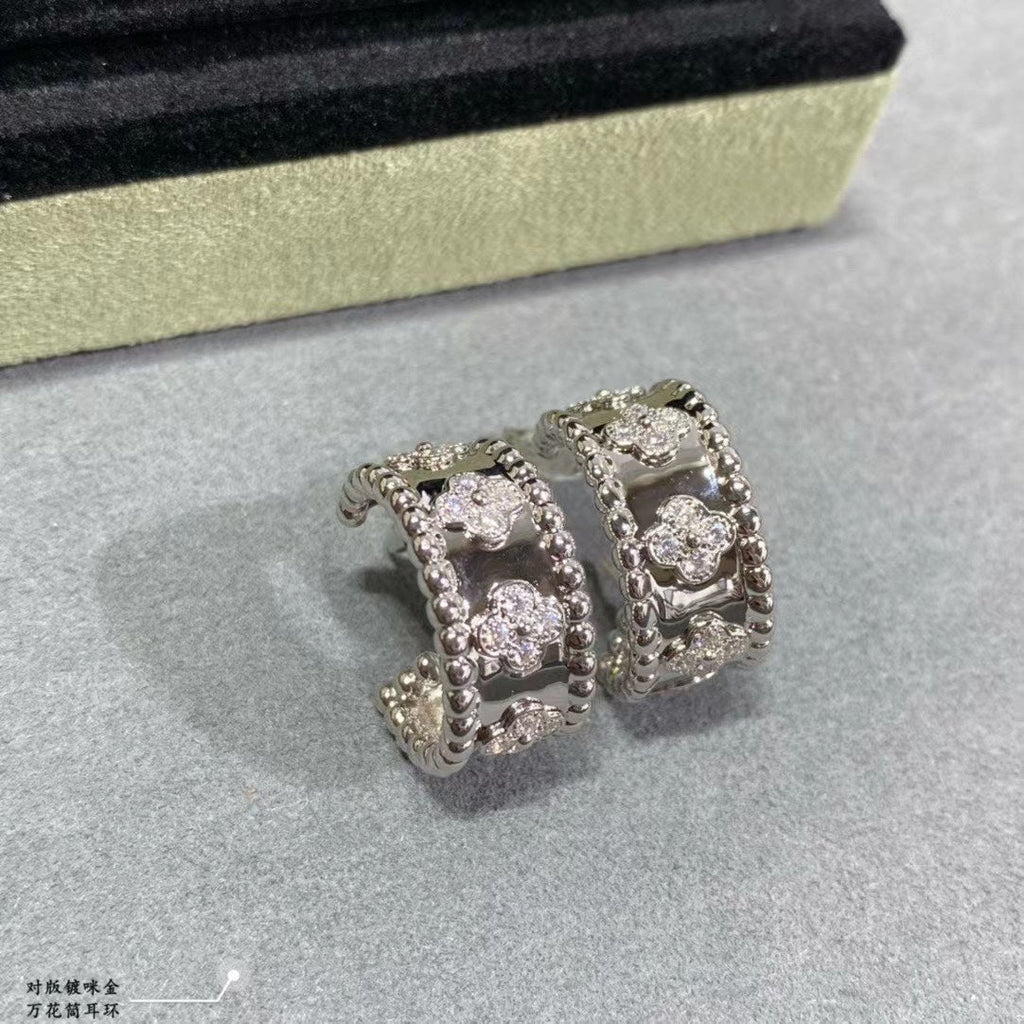18K Van Cleef & Arpels White Gold Perlee Clovers Hoop Earrings