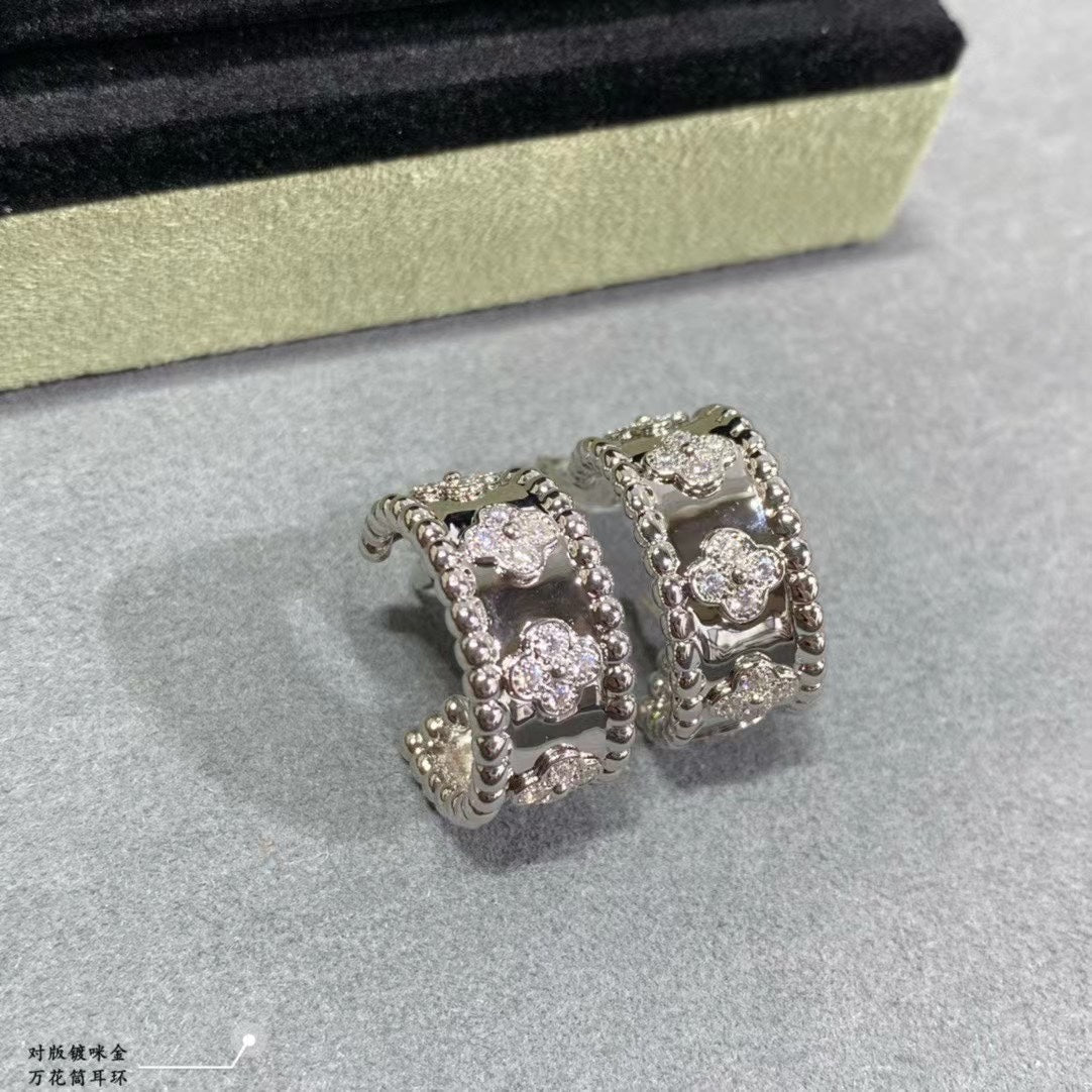 18K Van Cleef & Arpels White Gold Perlee Clovers Hoop Earrings