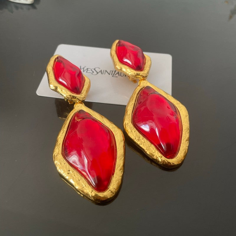 18K YSL Red & Blue Crystal Gold Earrings