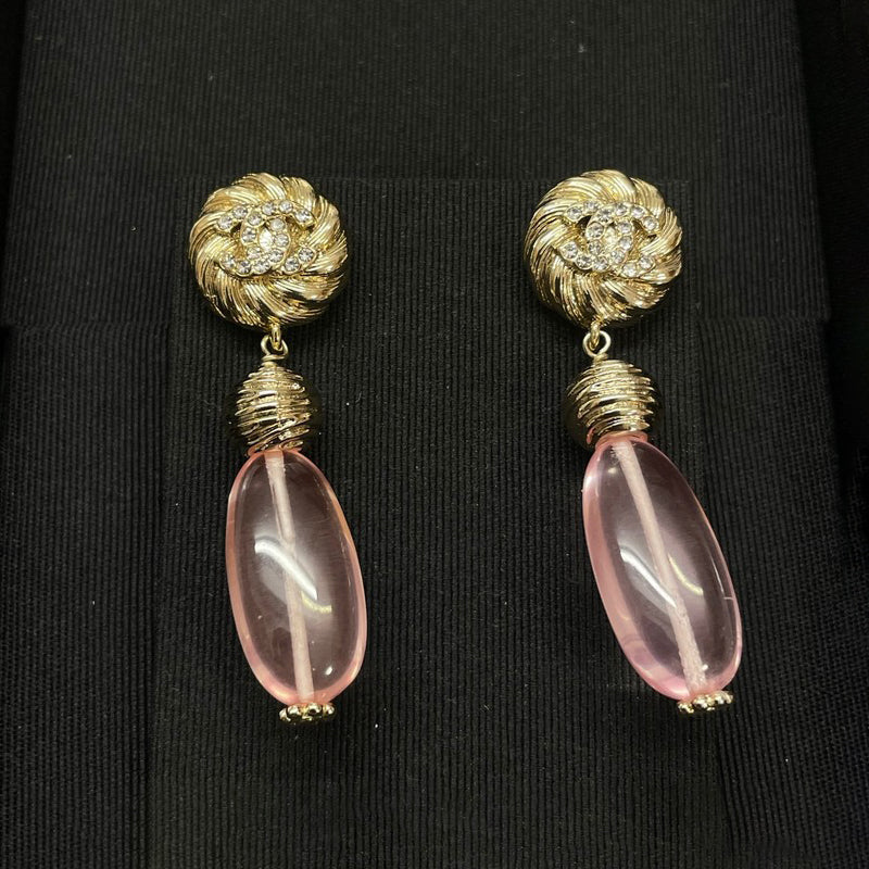 18K Chanel 26C Pink Crystal Gold Diamond Earrings