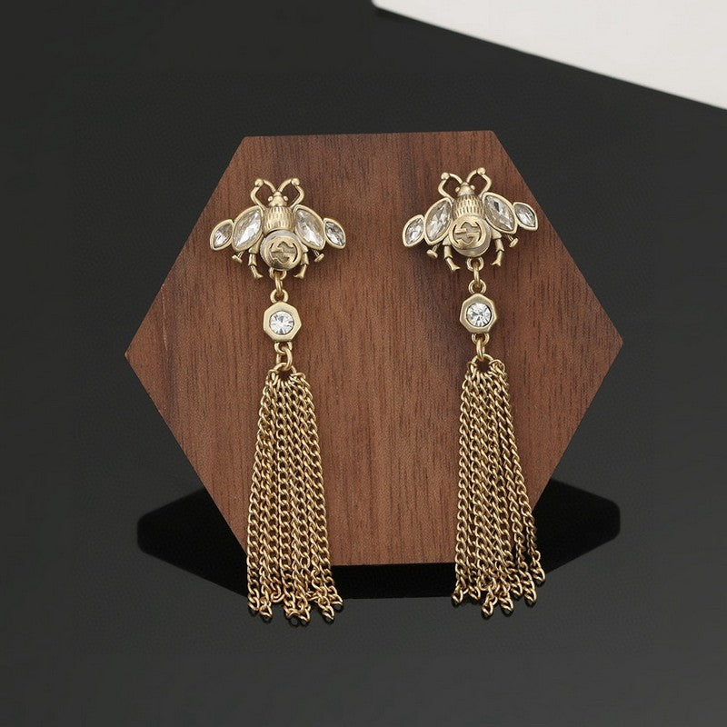 18K Gucci Bee Tassel Crystal Earrings