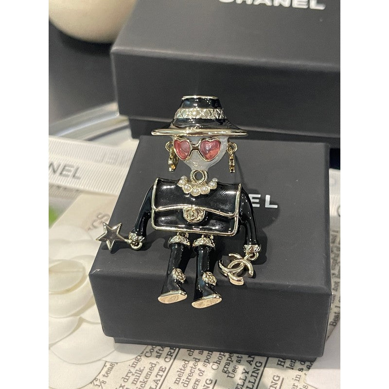 18K Chanel 24B Pink & Black Robot Gold Brooch