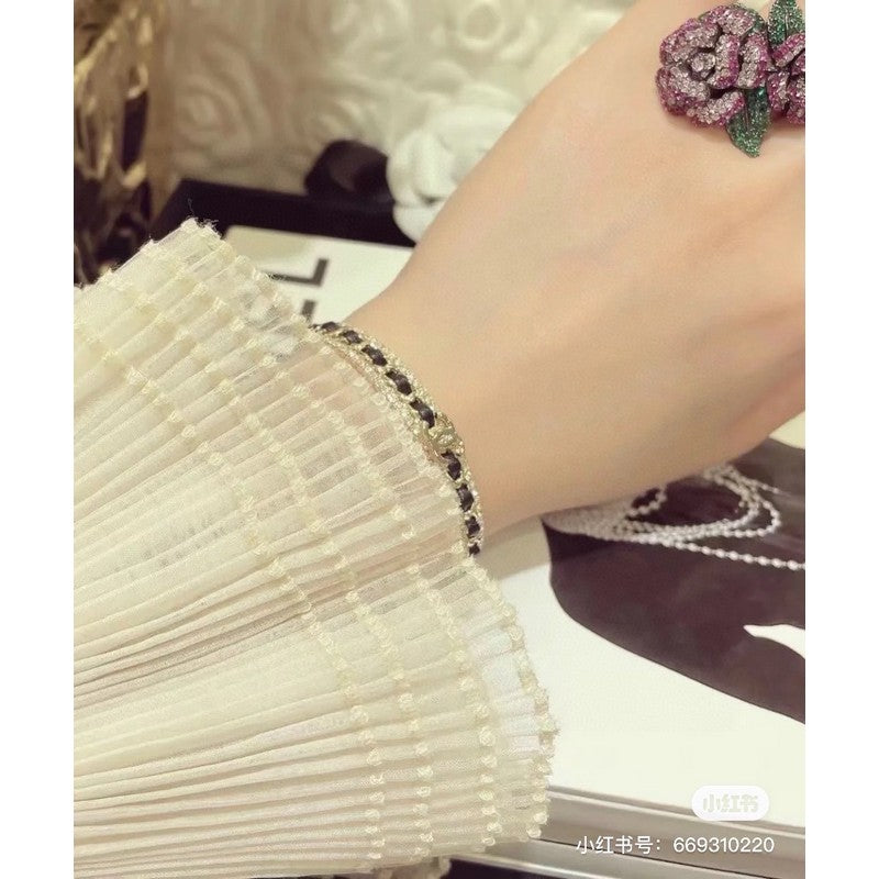 18K Chanel Black Leather Open Cuff Bracelet