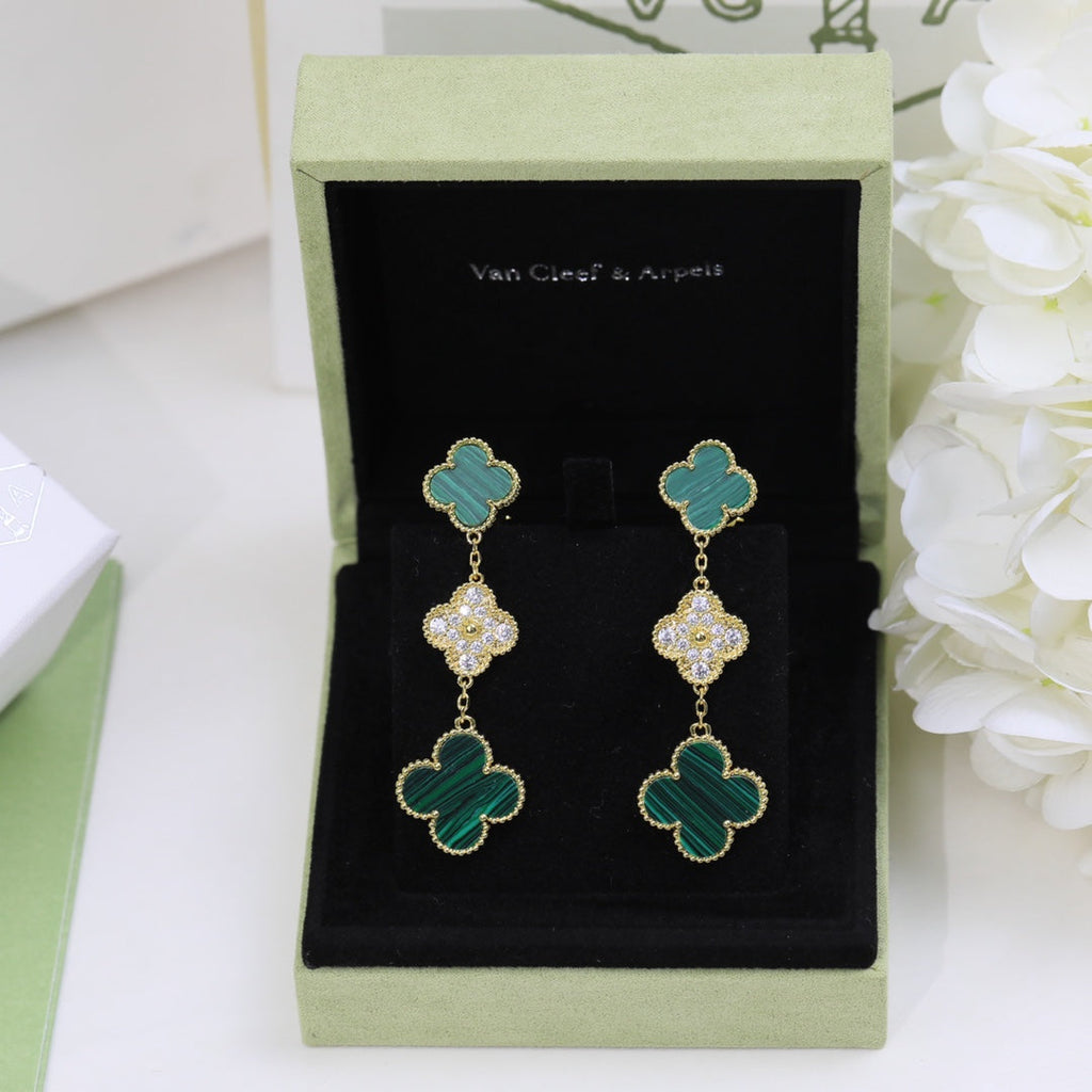 18K Van Cleef & Arpels Magic Alhambra Three Malachite Motifs Clover Earrings