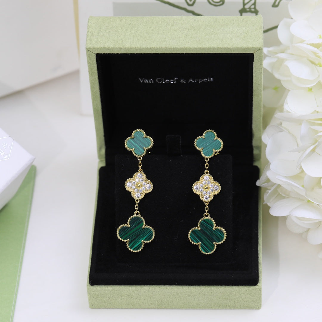 18K Van Cleef & Arpels Magic Alhambra Three Malachite Motifs Clover Earrings