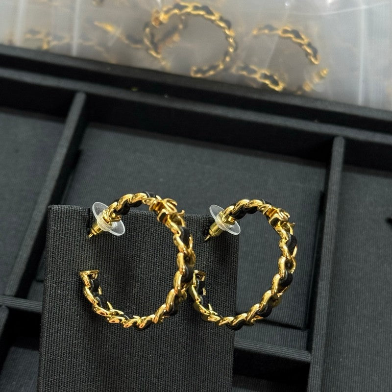 18K Chanel Black Leather Gold Earrings