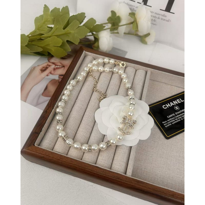 18K Chanel Bow Diamond Pearl Necklace