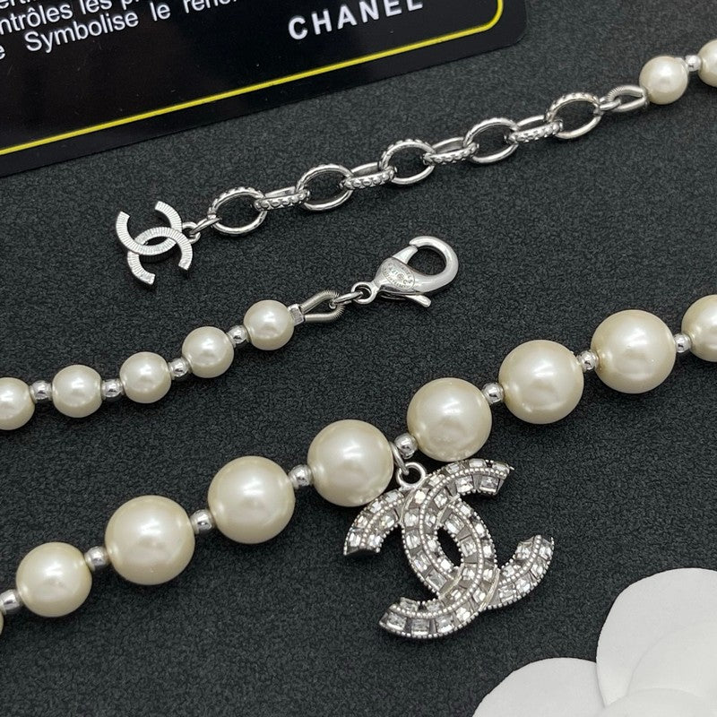 18K Chanel Pearl Diamond Logo Necklace