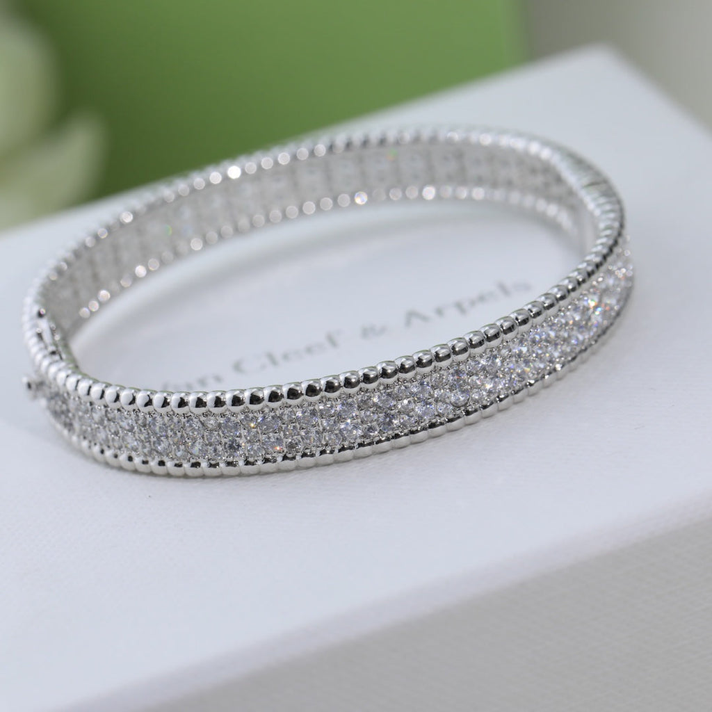 18K Van Cleef & Arpels White Gold Perlee Diamonds Three Rows Bracelet
