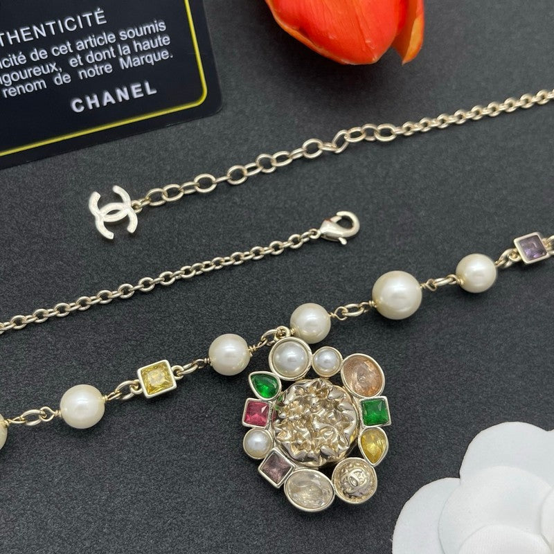 18K Chanel Color Crystal Pearl Chain Necklace