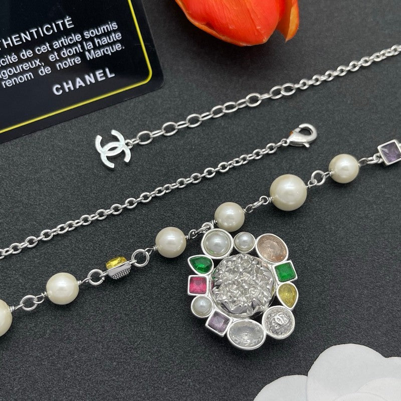18K Chanel Color Crystal Pearl Chain Necklace