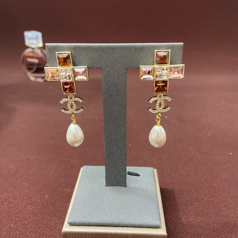 18K Chanel Red Cross Pearl Pendant Earrings