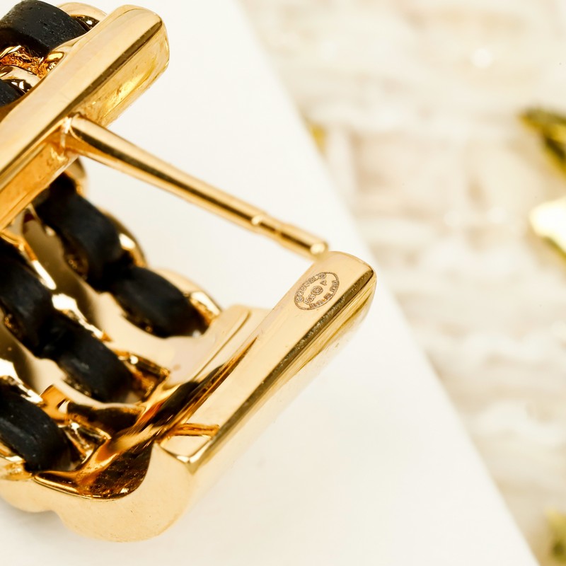 18K Chanel Half Circle Leather Gold Earrings