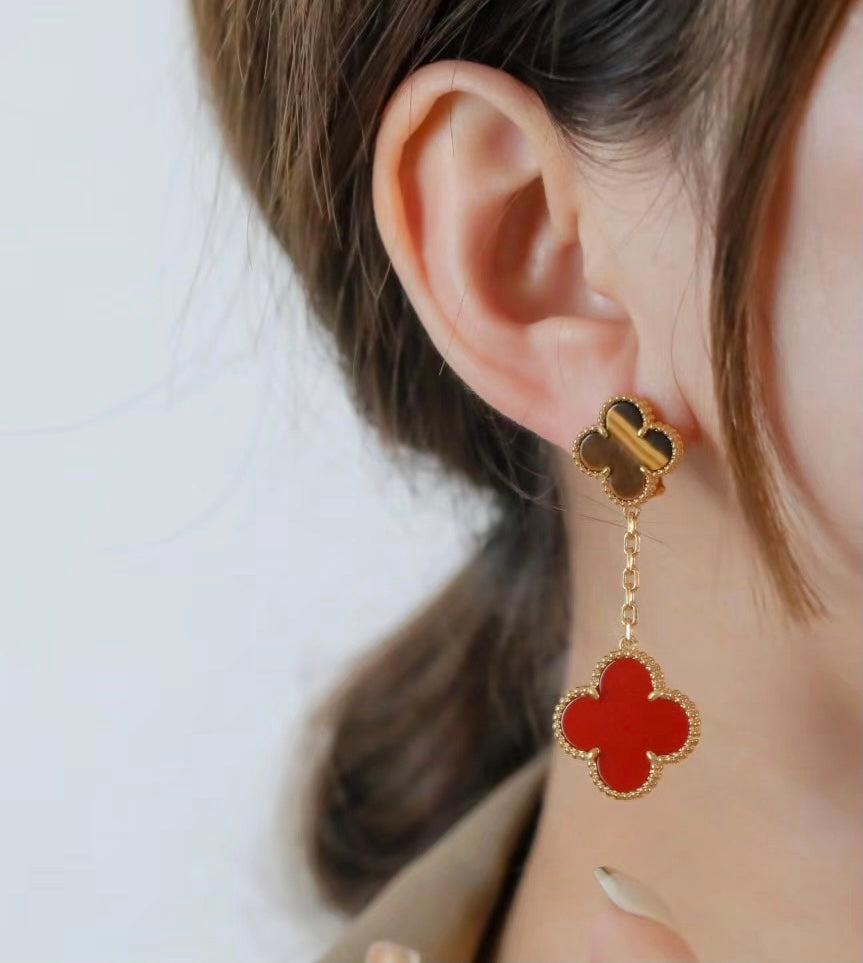 18K Van Cleef & Arpels Magic Alhambra Carnelian & Tiger Eye Earrings