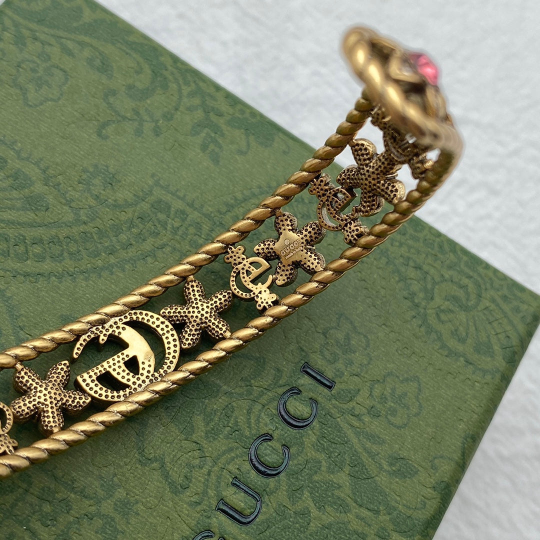 18K Gucci Red Crystal Flower Cuff Bracelet