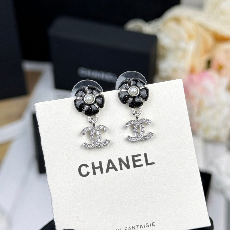 18K Chanel 26C Diamond Black Camellia Earrings