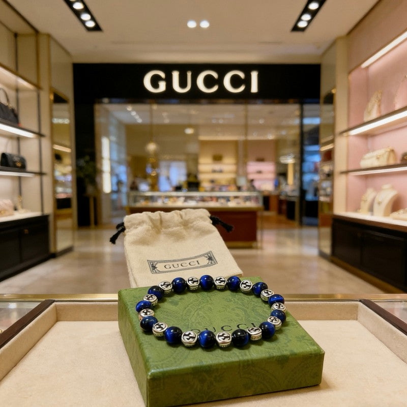 18K Gucci Anger Forest Blue Tiger's Eye Bead Chain Bracelet