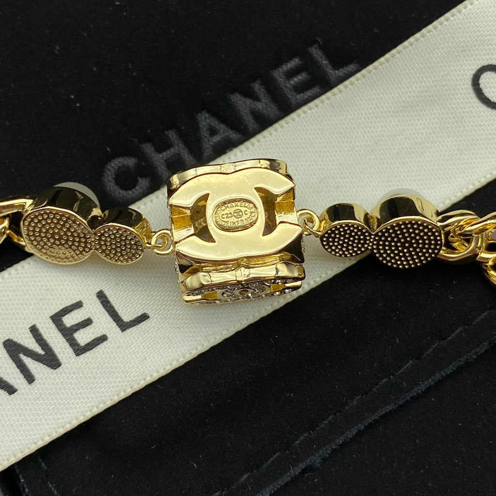 18K Chanel Box Pendant Pearl Bracelet