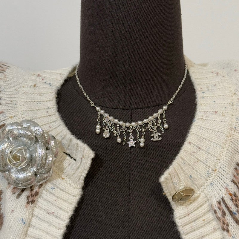 18K Chanel 26C Pearl Diamond Tassel Choker Necklace