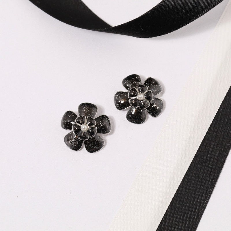 18K Chanel Black & Pink Flower Earrings