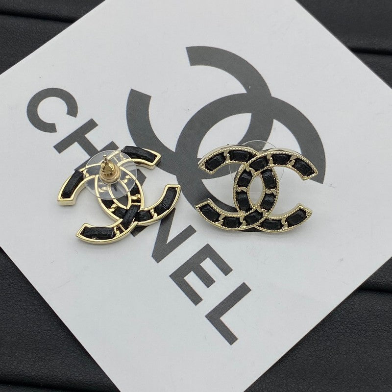 18K Chanel Black Leather Gold Earrings