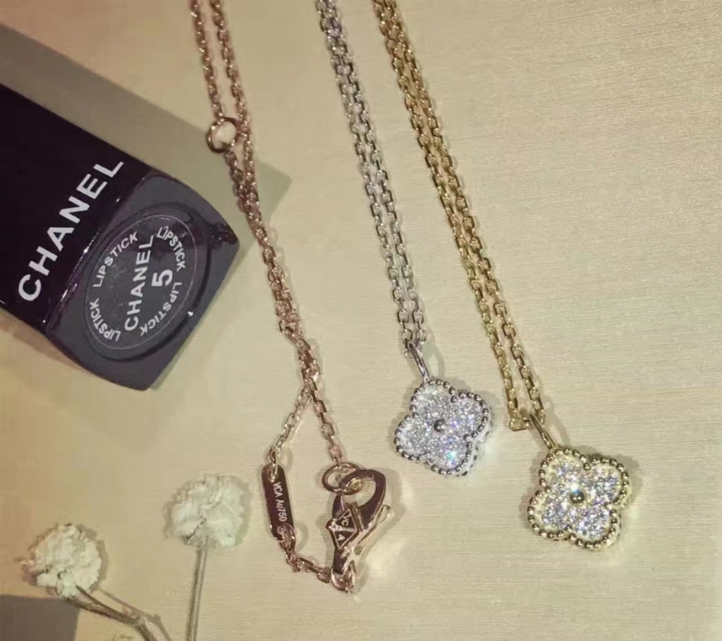 18K Van Cleef & Arpels Yellow Gold Sweet Alhambra Diamond Clover Necklace