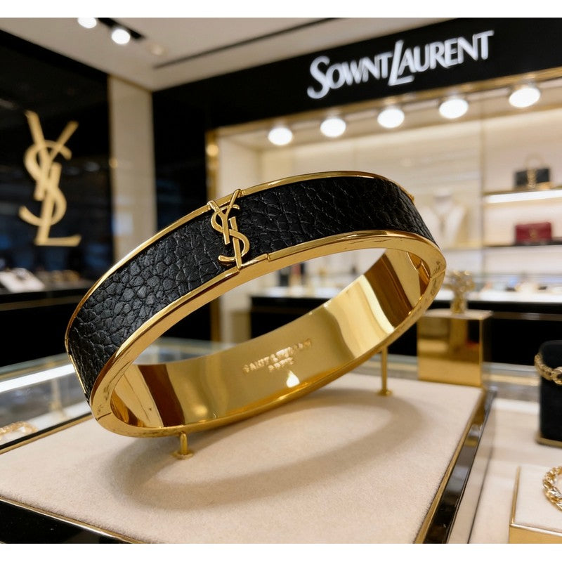 18K YSL Black Leather Gold Bracelet