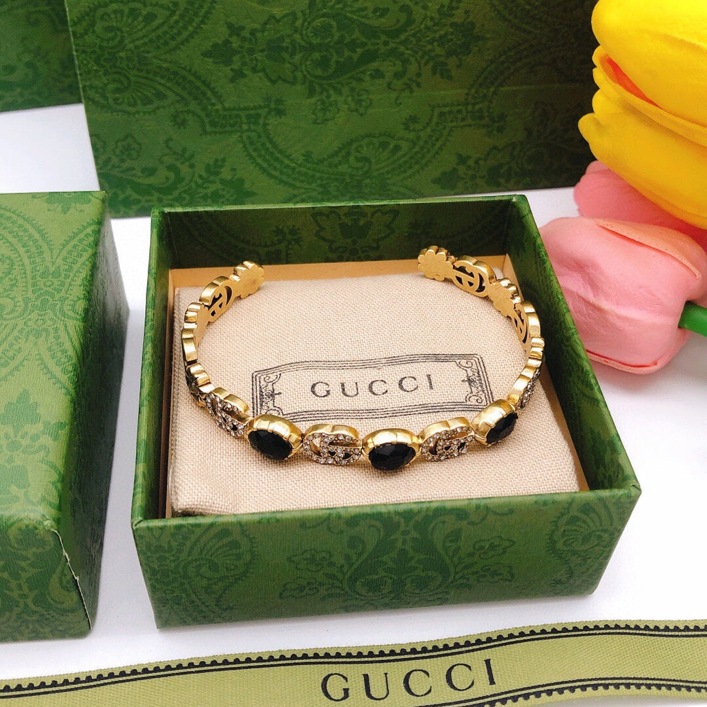 18K Gucci Flowers Black Crystals Open Cuff Bracelet