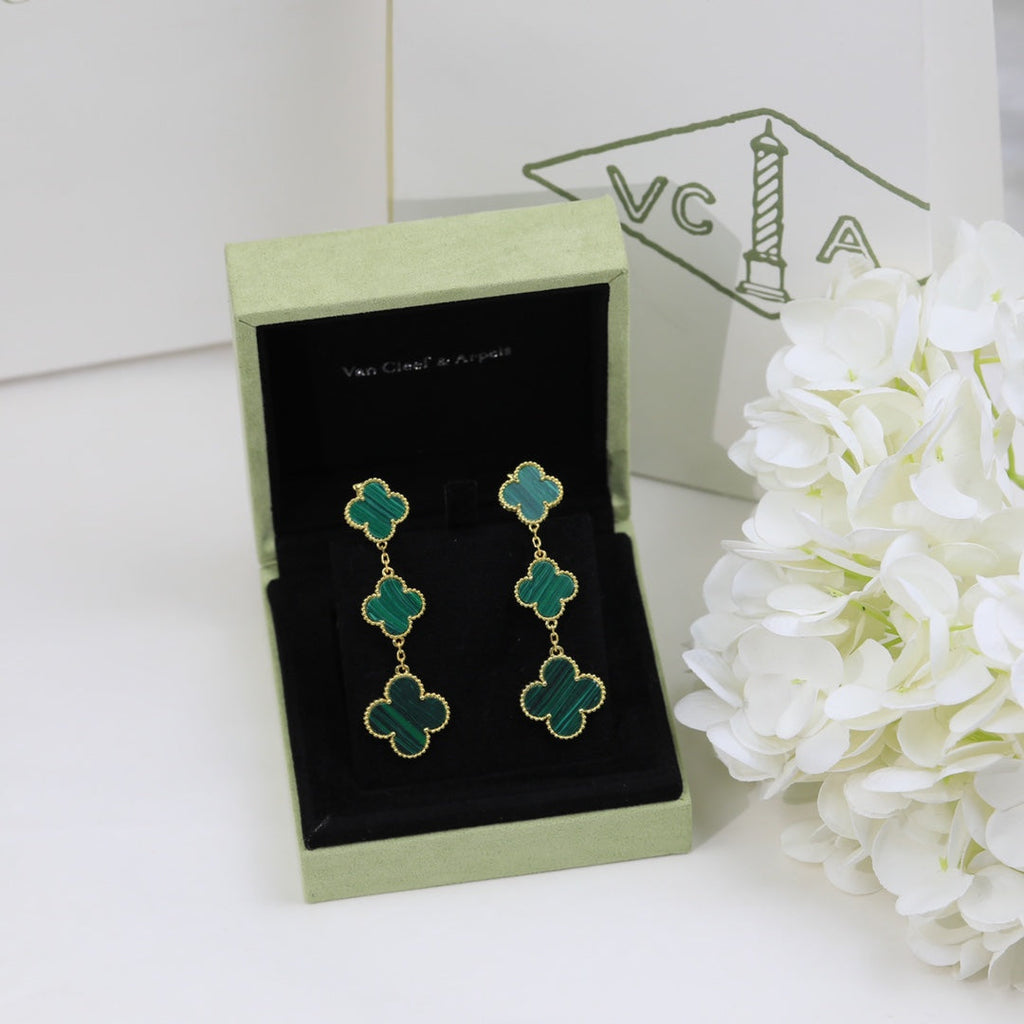 18K Van Cleef & Arpels Magic Alhambra Three Malachite Motifs Clover Earrings