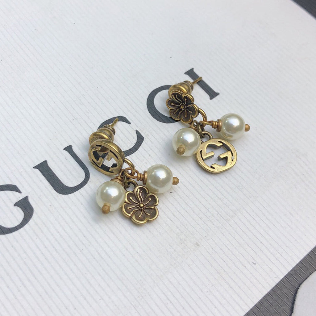 18K Gucci Flower & Pearl Pendant Earrings