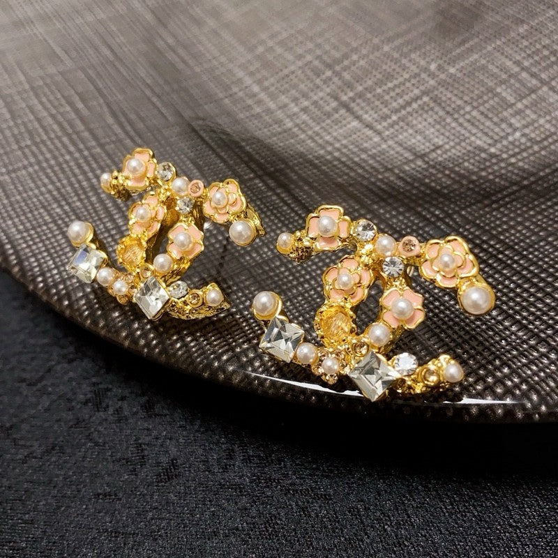 18K Chanel Pink Camellia Pearl & Gold Earrings