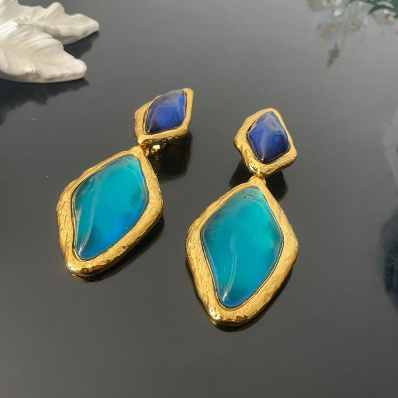 18K YSL Red & Blue Crystal Gold Earrings