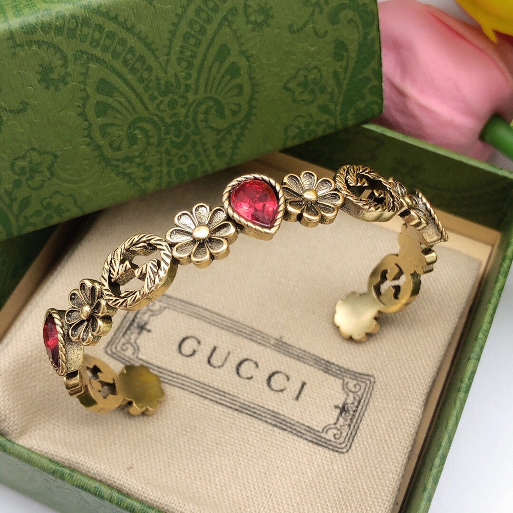 18K Gucci Flowers Red Crystals Open Cuff Bracelet