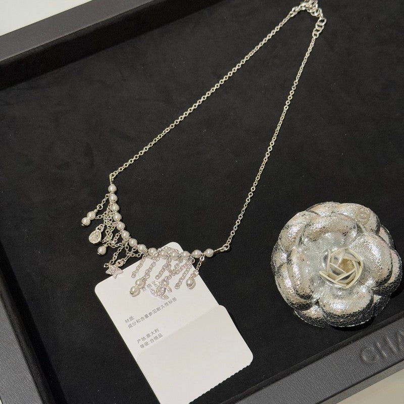 18K Chanel 26C Pearl Diamond Tassel Choker Necklace