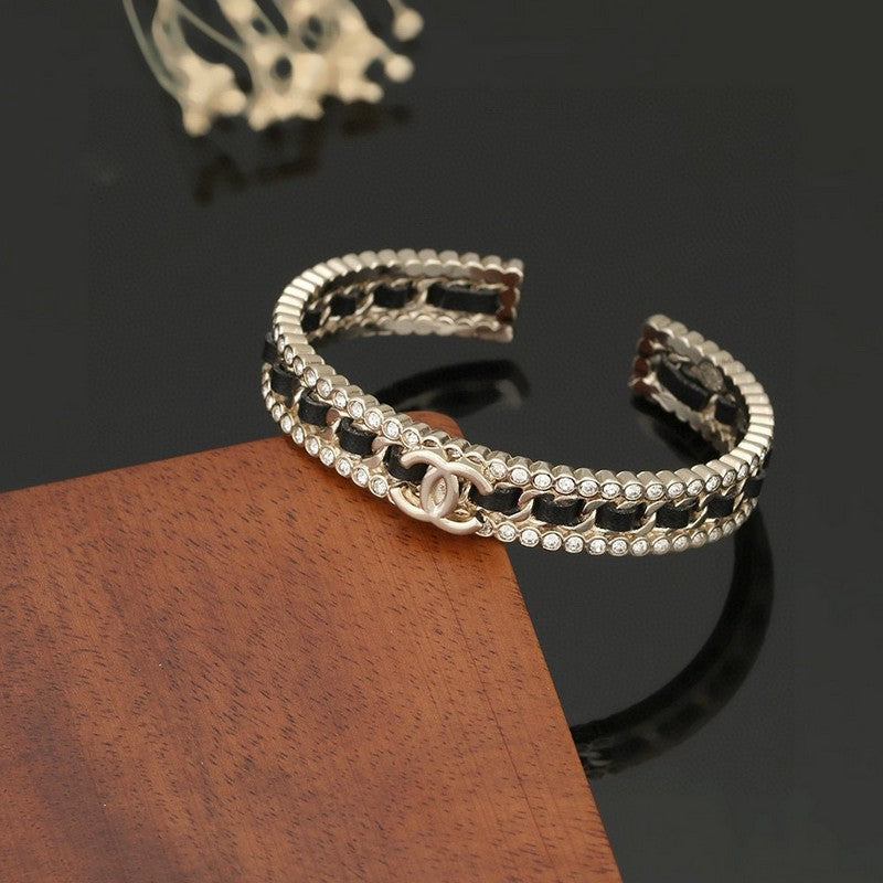 18K Chanel Black Leather Open Cuff Bracelet